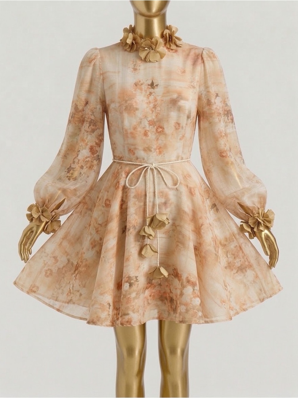 Floral Tie-Waist Chiffon Mini Dress in Soft Peach